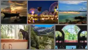 Collage van afbeeldingen die illustreren hoe we een paradijs kunnen maken zoals een strand, een mooie uitkijken, maar ook een kermis