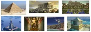 Collage van de zeven wereldwonderen